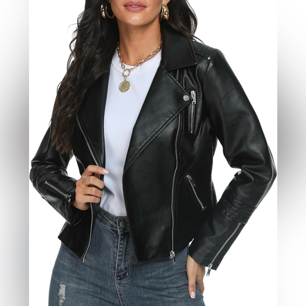 Women's Faux Leather Jacket Small Moto Biker Motorcycle Lightweight Fahsyee